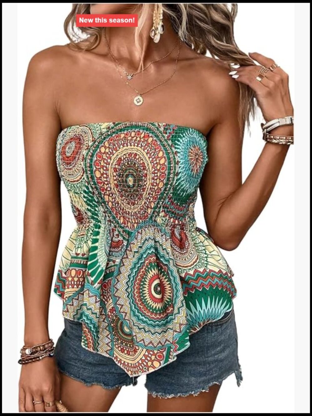 Boho Graphic Tube Top Strapless Asymmetrical Peplum Summer